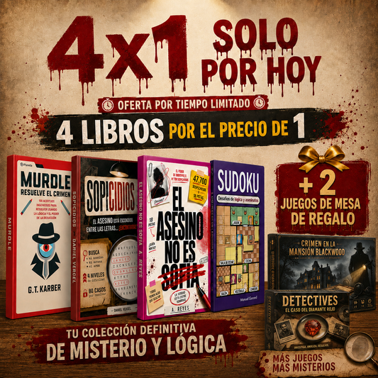 4x1 + 2 Juegos de Mesa de Regalo | 4 Libros y 2 Juegos de Mesa de Casos, Pistas y Acertijos Criminales